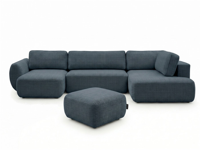 Canapé panoramique convertible coffre DENISE tissu texturé avec pouf