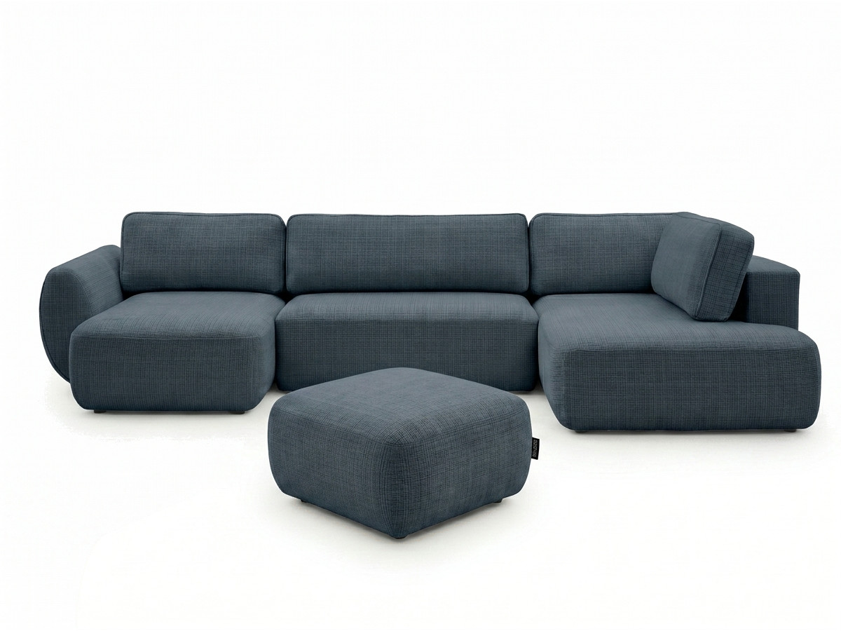 canapé panoramique convertible coffre denise tissu texturé avec pouf de couleur bleu foncé