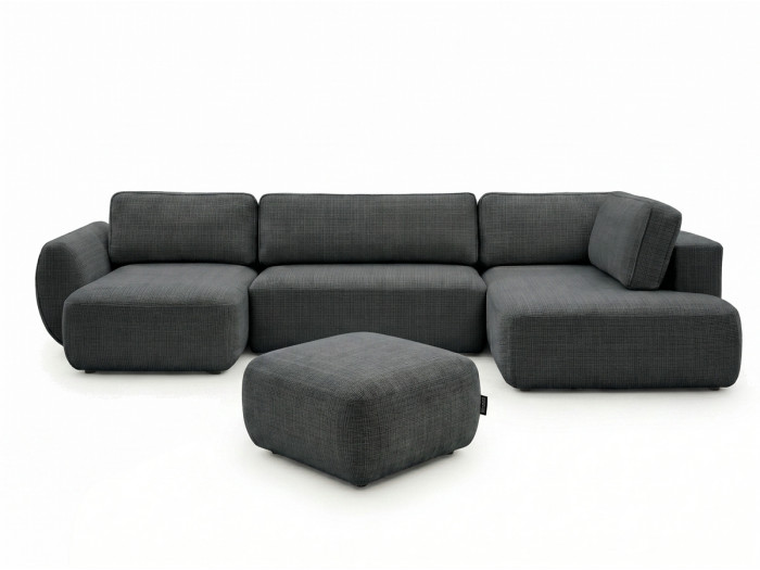 Canapé panoramique convertible coffre DENISE tissu texturé avec pouf