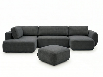Canapé panoramique convertible coffre DENISE tissu texturé avec pouf
