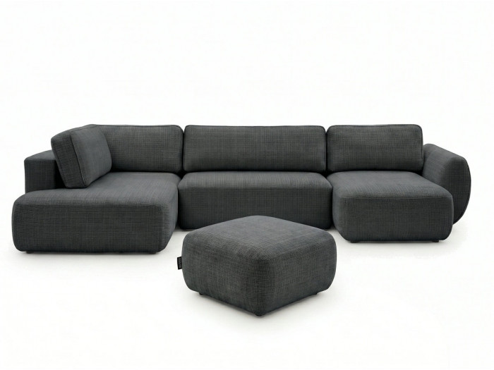 Canapé panoramique convertible coffre DENISE tissu texturé avec pouf