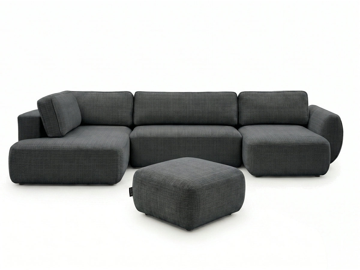 Canapé panoramique convertible coffre DENISE texturé avec pouf noir — vue 3