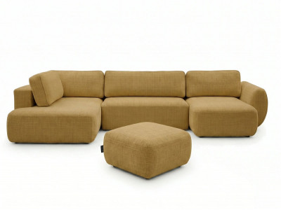 Canapé panoramique convertible coffre DENISE tissu texturé avec pouf