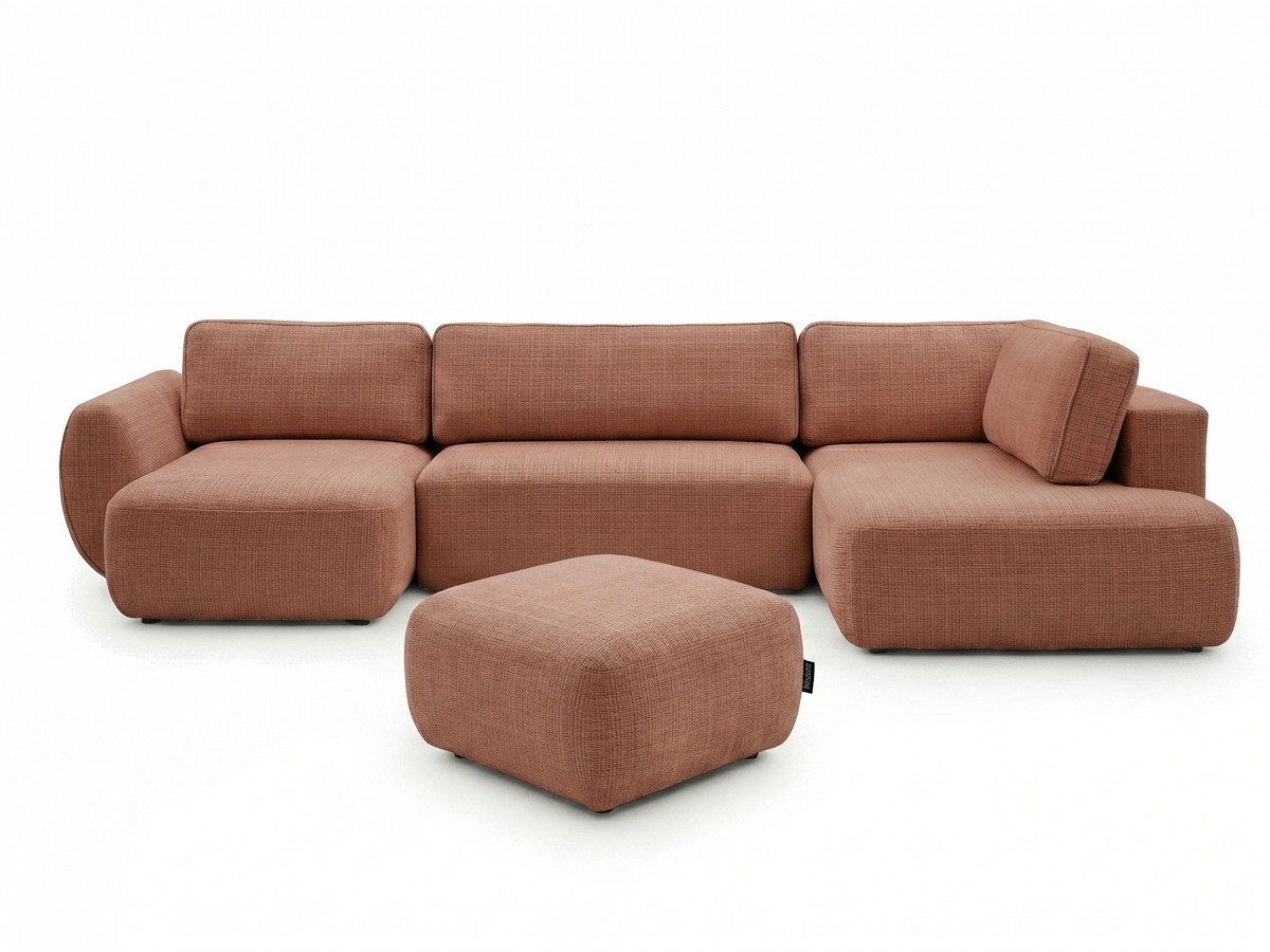 canapé panoramique convertible coffre denise tissu texturé avec pouf de couleur orange