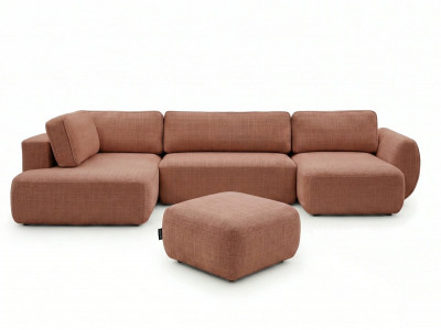 Canapé panoramique convertible coffre DENISE tissu texturé avec pouf