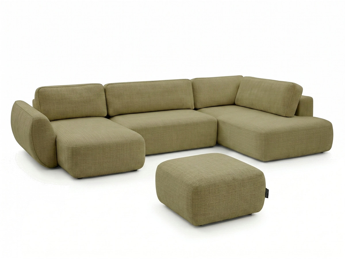 Canapé panoramique convertible coffre DENISE tissu texturé avec pouf