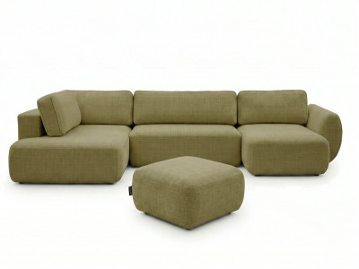 Canapé panoramique convertible coffre DENISE tissu texturé avec pouf