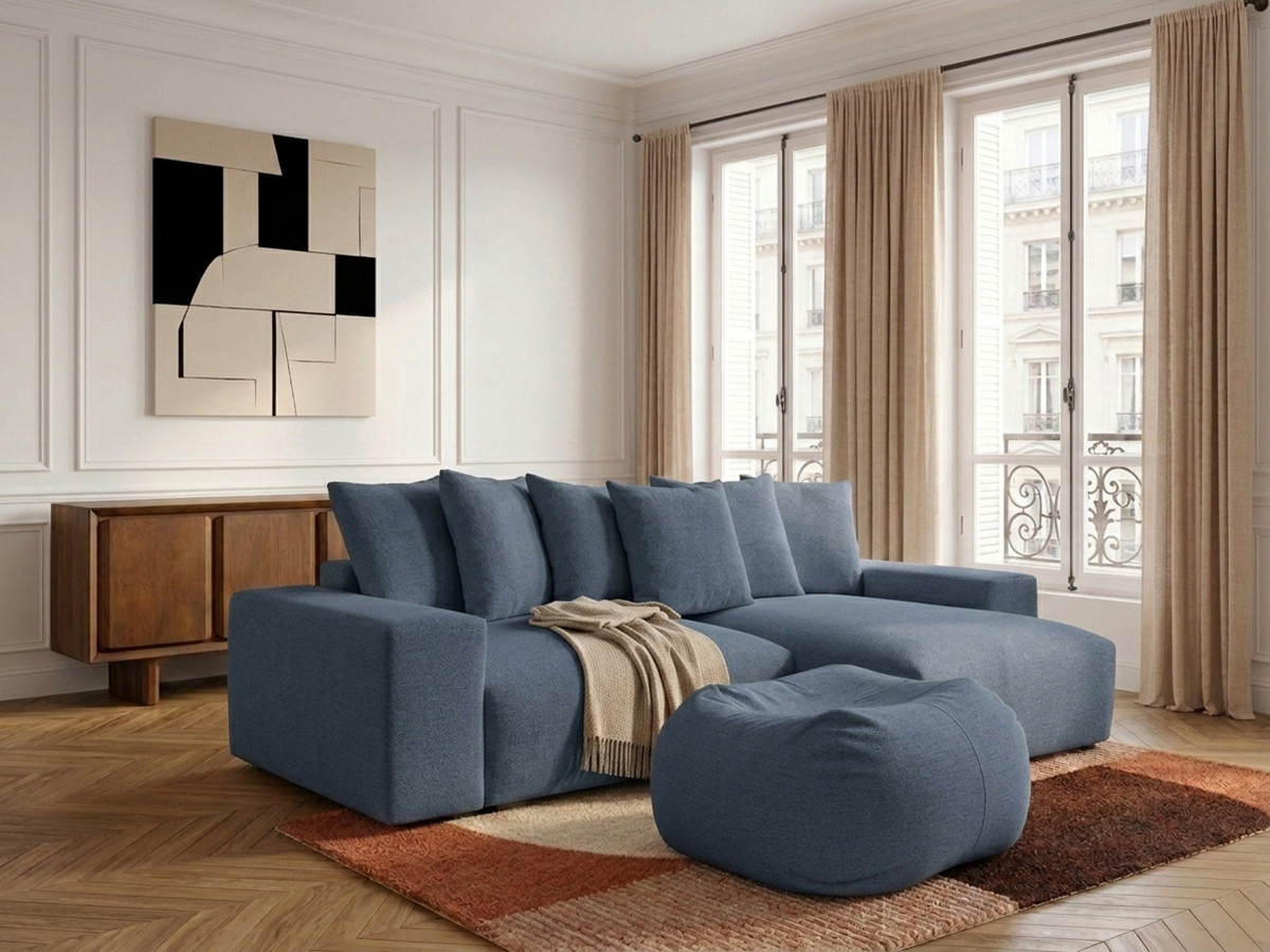 Canapé d'angle réversible convertible coffre VOLTAIRE chiné avec pouf bleu foncé