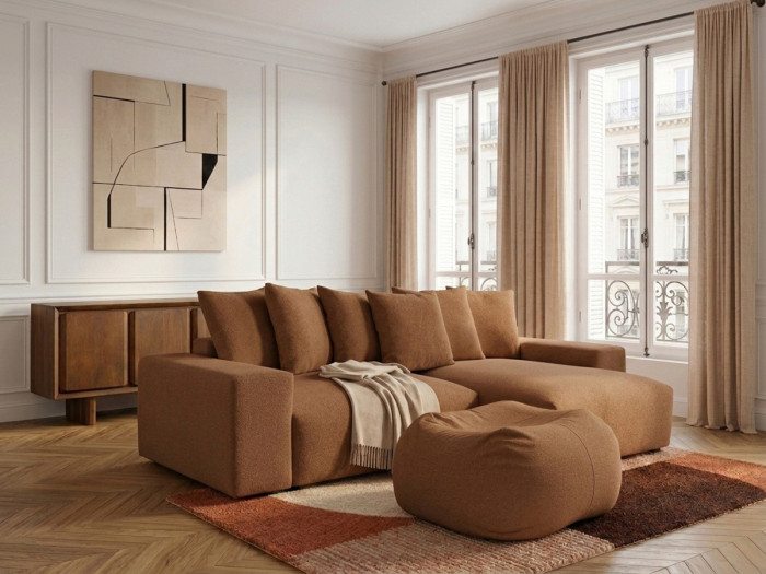 Canapé d'angle réversible convertible coffre VOLTAIRE tissu chiné avec pouf