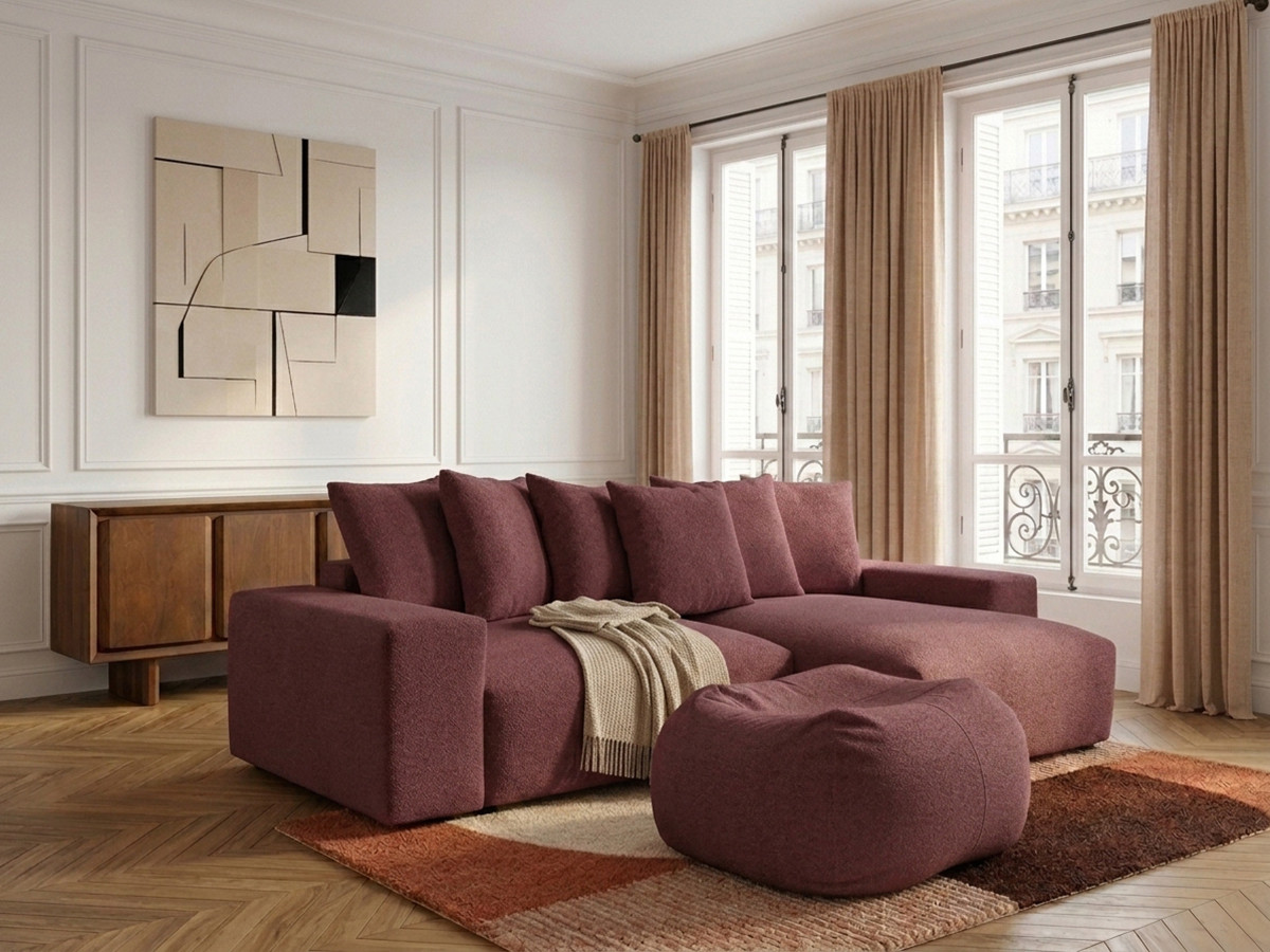 Canapé d'angle réversible convertible coffre VOLTAIRE chiné avec pouf rouge