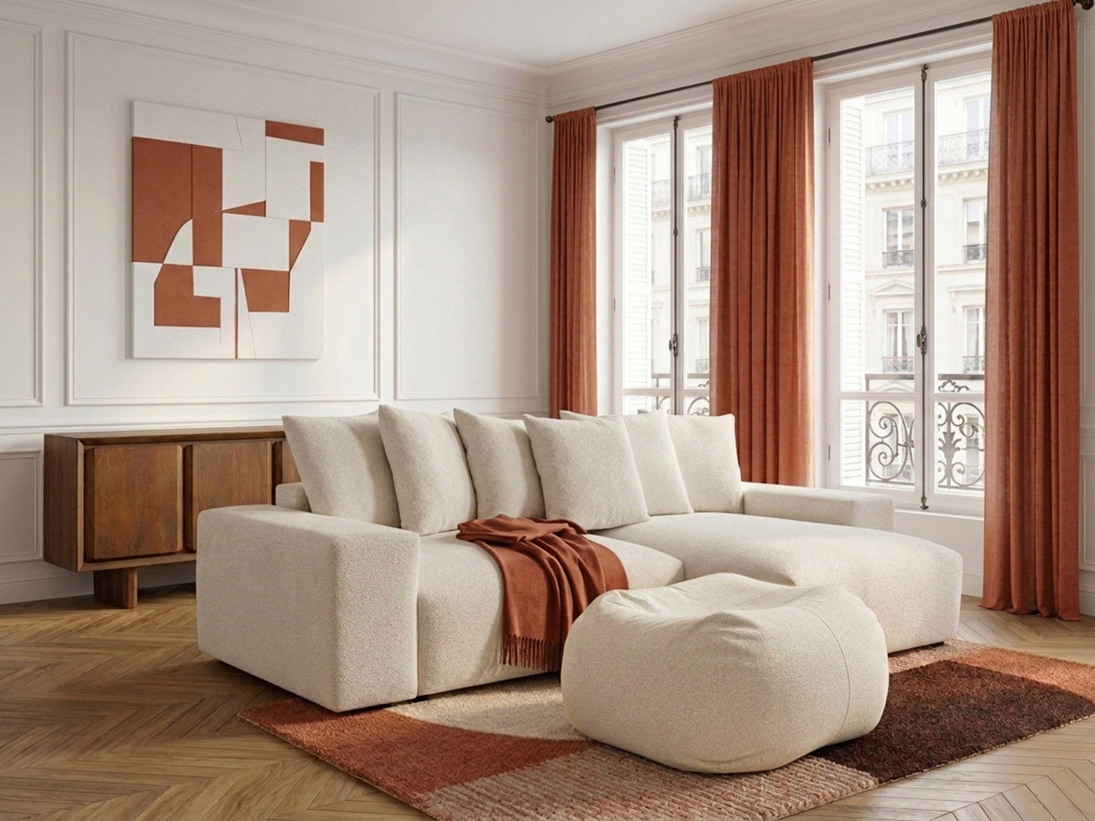 Canapé d'angle réversible convertible coffre VOLTAIRE tissu chiné avec pouf