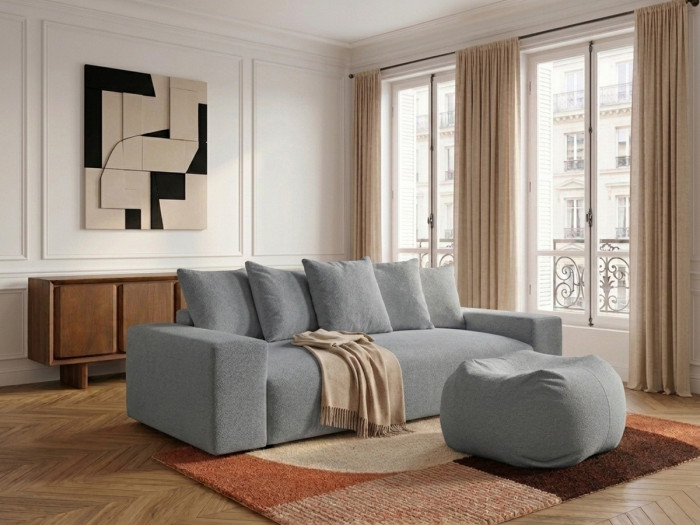 Canapé droit convertible coffre VOLTAIRE tissu chiné avec pouf