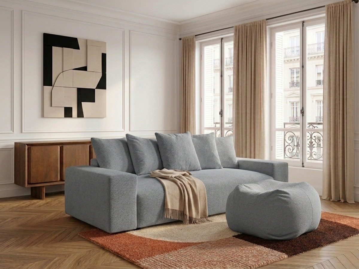 Canapé droit convertible coffre VOLTAIRE chiné avec pouf gris foncé