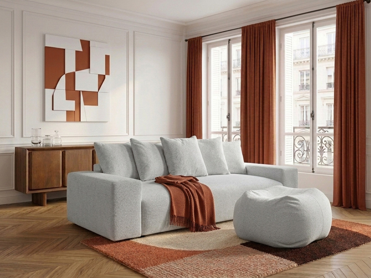 Canapé droit convertible coffre VOLTAIRE chiné avec pouf gris clair