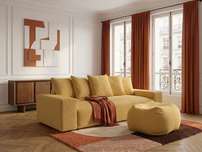 Canapé droit convertible coffre VOLTAIRE tissu chiné avec pouf