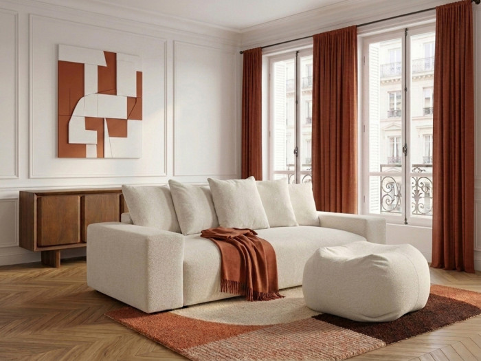 Canapé droit convertible coffre VOLTAIRE tissu chiné avec pouf
