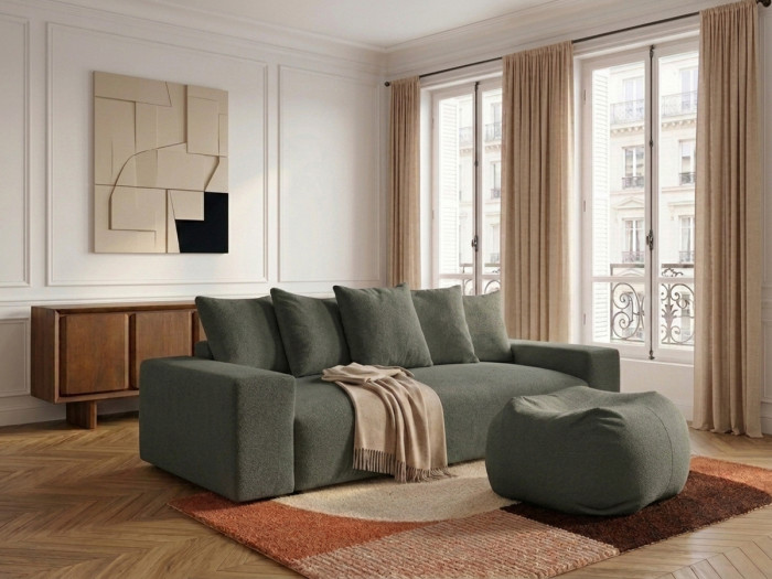 Canapé droit convertible coffre VOLTAIRE tissu chiné avec pouf