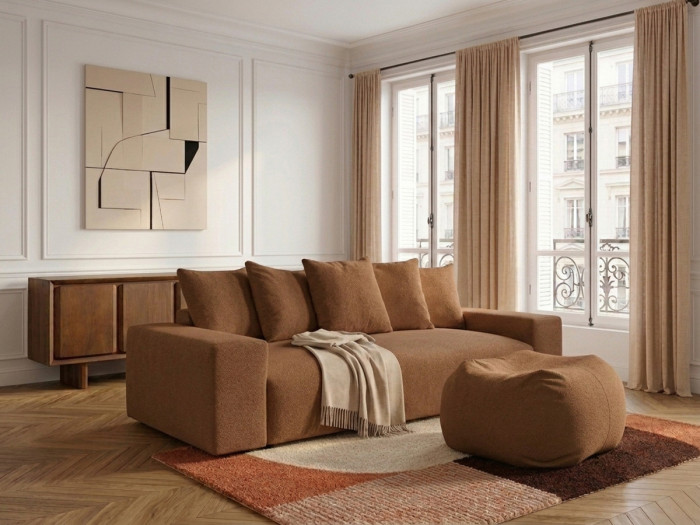 Canapé droit convertible coffre VOLTAIRE tissu chiné avec pouf