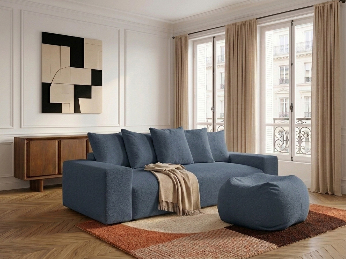 Canapé droit convertible coffre VOLTAIRE chiné avec pouf bleu foncé