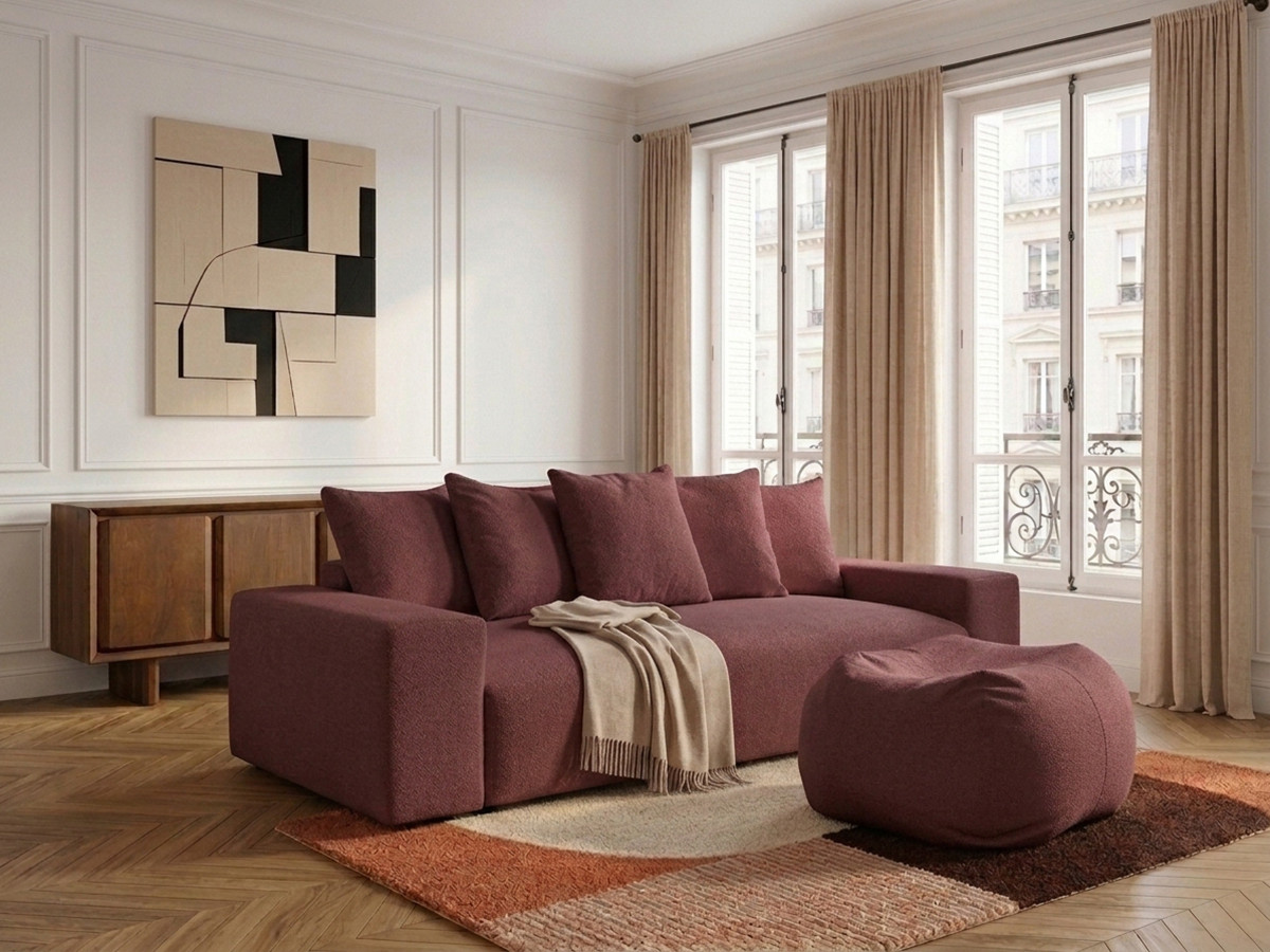 Canapé droit convertible coffre VOLTAIRE chiné avec pouf rouge