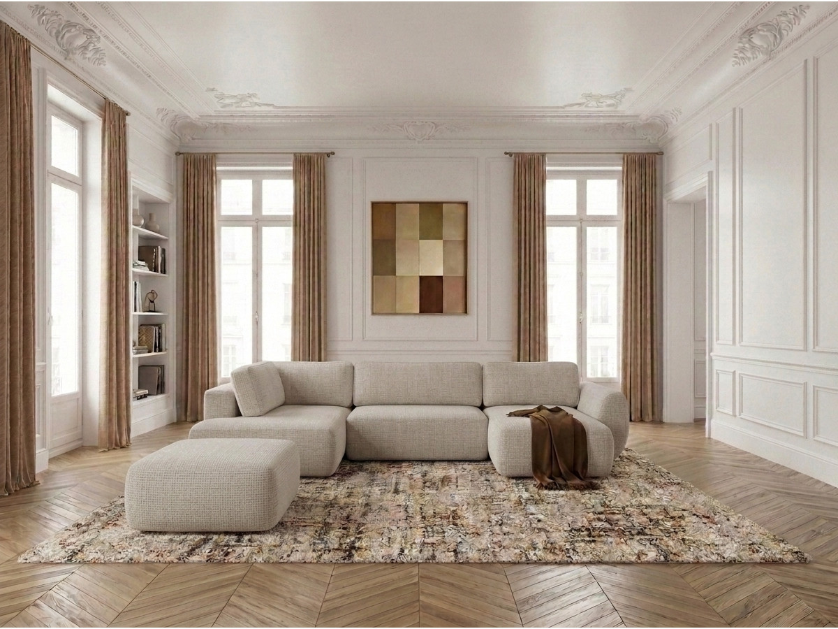 Canapé panoramique convertible coffre DENISE texturé avec pouf beige — vue 4