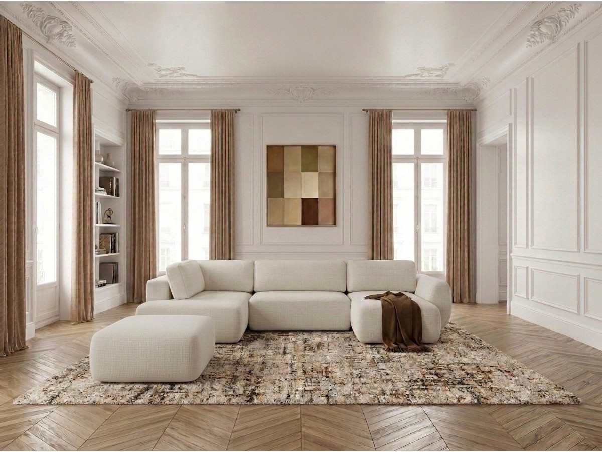 Canapé panoramique convertible coffre DENISE texturé avec pouf blanc — vue 4