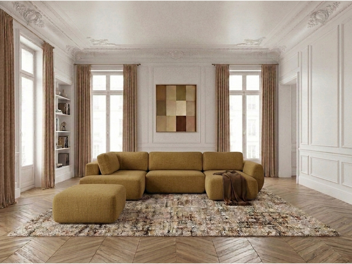 Canapé panoramique convertible coffre DENISE texturé avec pouf jaune — vue 4