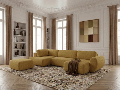 Canapé panoramique convertible coffre DENISE tissu texturé avec pouf