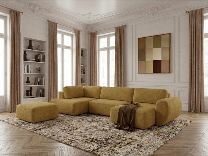 Canapé panoramique convertible coffre DENISE tissu texturé avec pouf