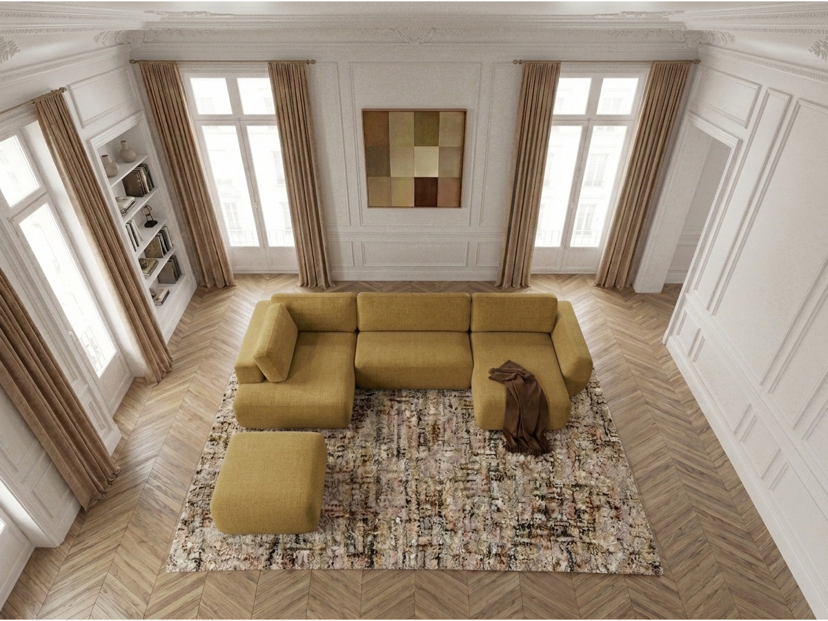 Canapé panoramique convertible coffre DENISE texturé avec pouf jaune — vue 6