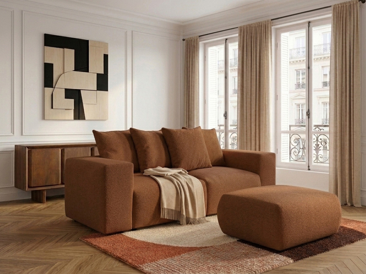 Canapé droit modulable VOLTAIRE chiné avec pouf orange