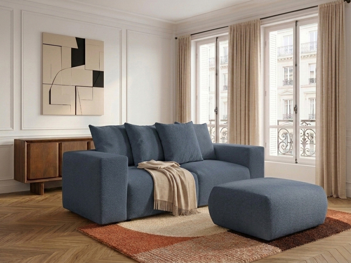 Canapé droit modulable VOLTAIRE chiné avec pouf bleu foncé