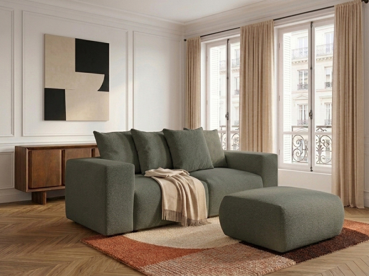 Canapé droit modulable VOLTAIRE chiné avec pouf vert