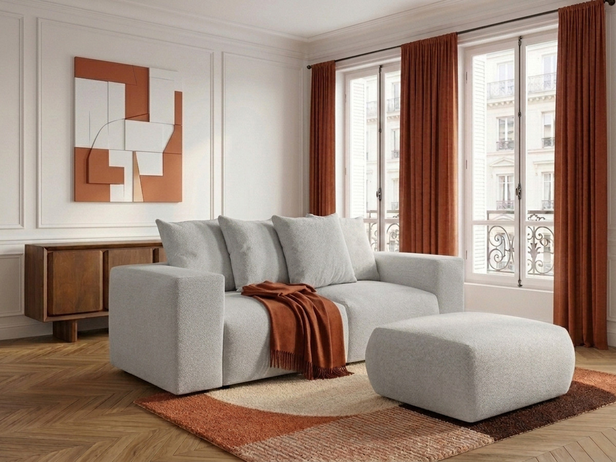 Canapé droit modulable VOLTAIRE chiné avec pouf gris clair