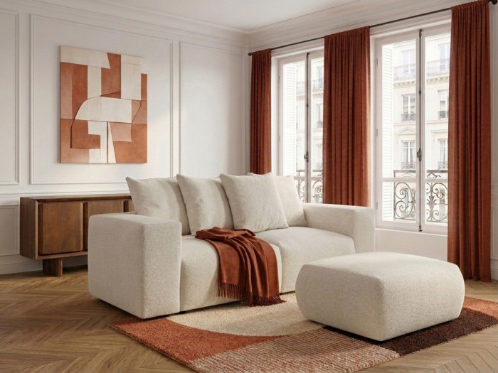 Canapé droit fixe modulable VOLTAIRE tissu chiné avec pouf