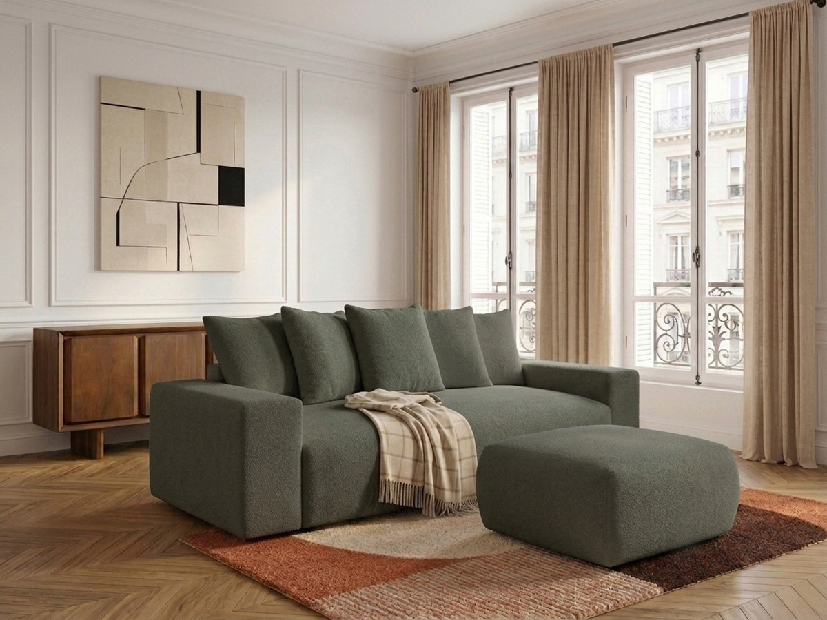 Canapé droit 3 places VOLTAIRE chiné avec pouf vert