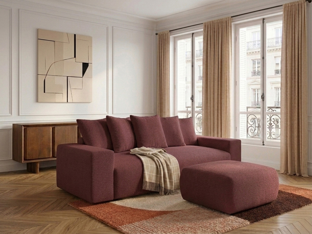 Canapé droit 3 places VOLTAIRE chiné avec pouf rouge