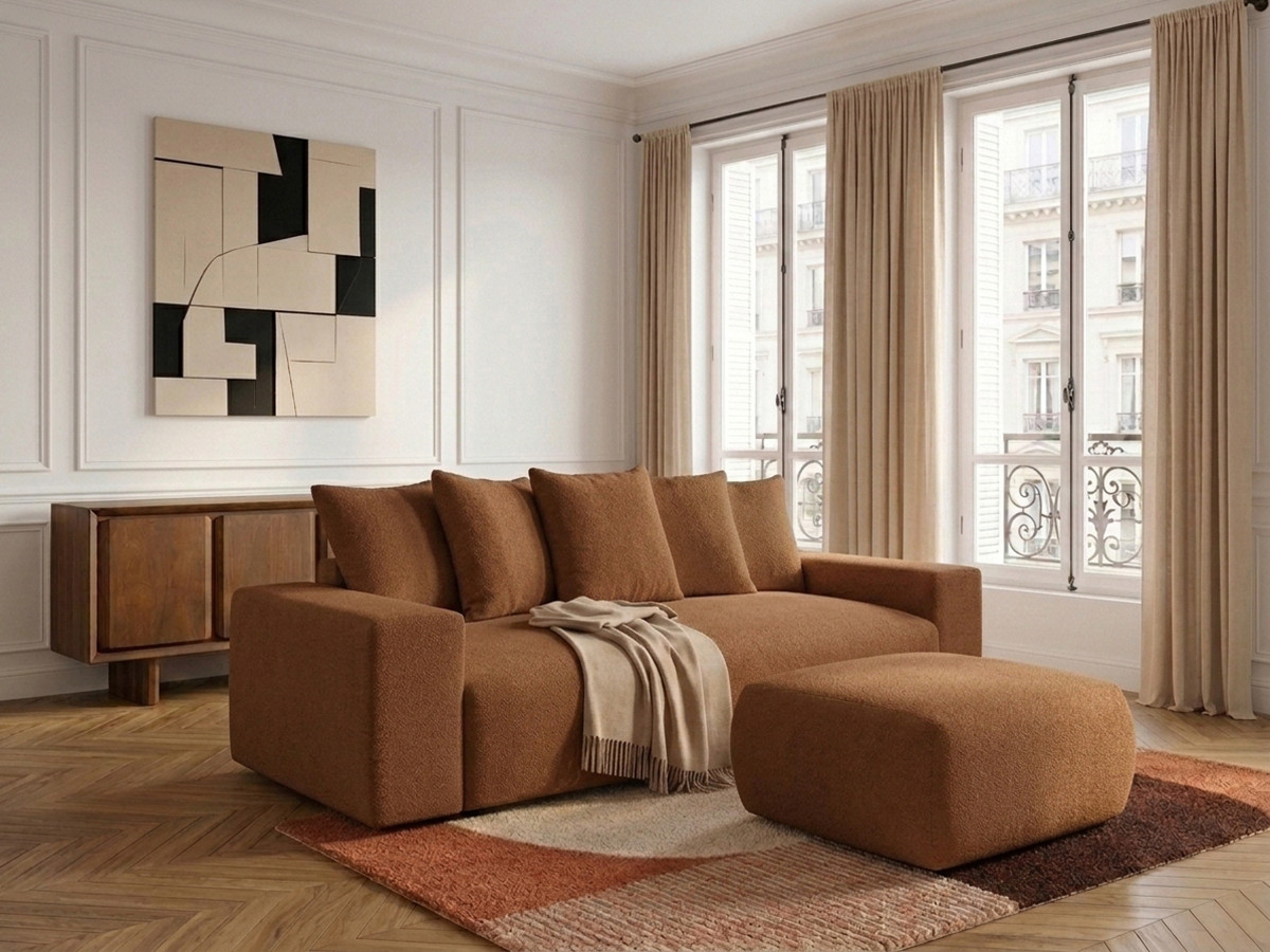 Canapé droit 3 places VOLTAIRE chiné avec pouf orange