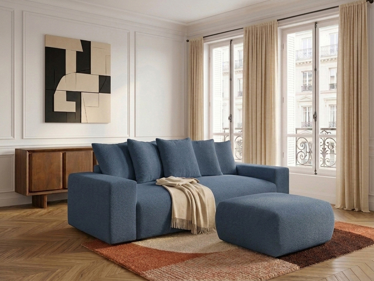 Canapé droit 3 places VOLTAIRE chiné avec pouf bleu foncé