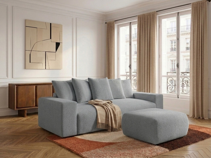 Canapé droit fixe 3 places VOLTAIRE tissu chiné avec pouf