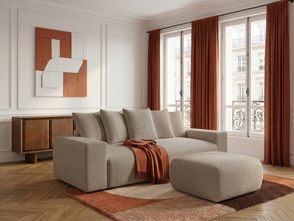 Canapé droit 3 places VOLTAIRE chiné avec pouf taupe — vue 4