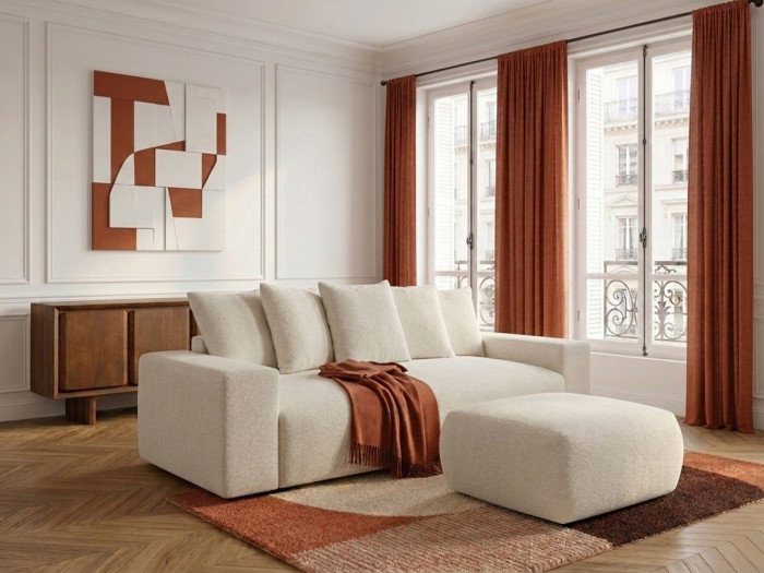 Canapé droit fixe 3 places VOLTAIRE tissu chiné avec pouf