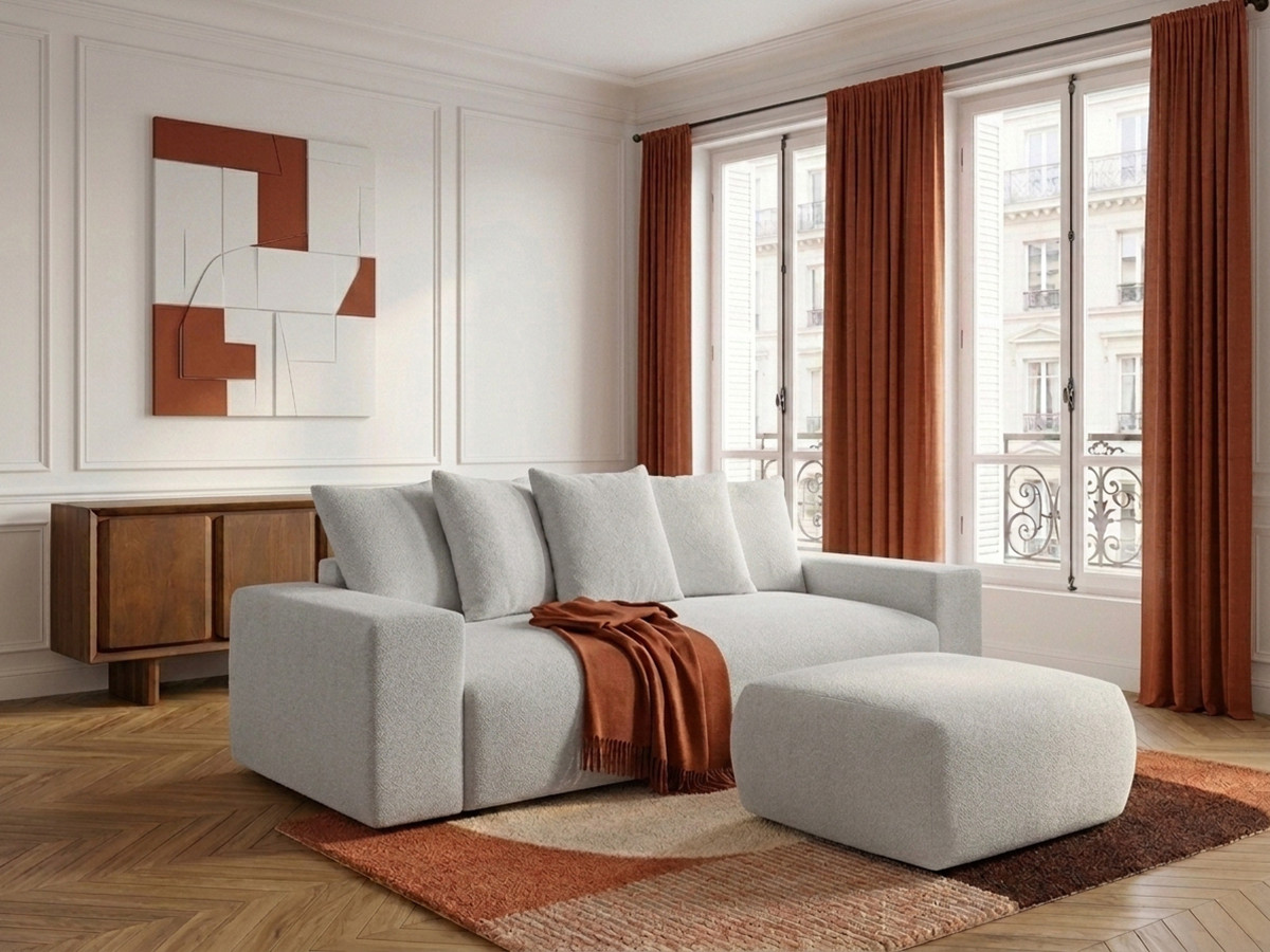 Canapé droit 3 places VOLTAIRE chiné avec pouf gris clair
