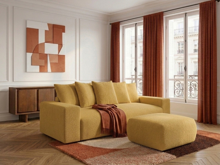 Canapé droit fixe 3 places VOLTAIRE tissu chiné avec pouf