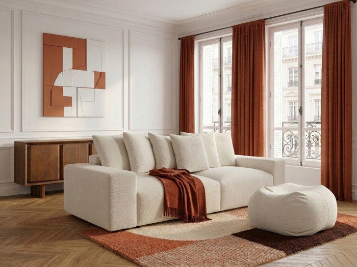 Canapé droit fixe 4 places VOLTAIRE tissu chiné avec pouf