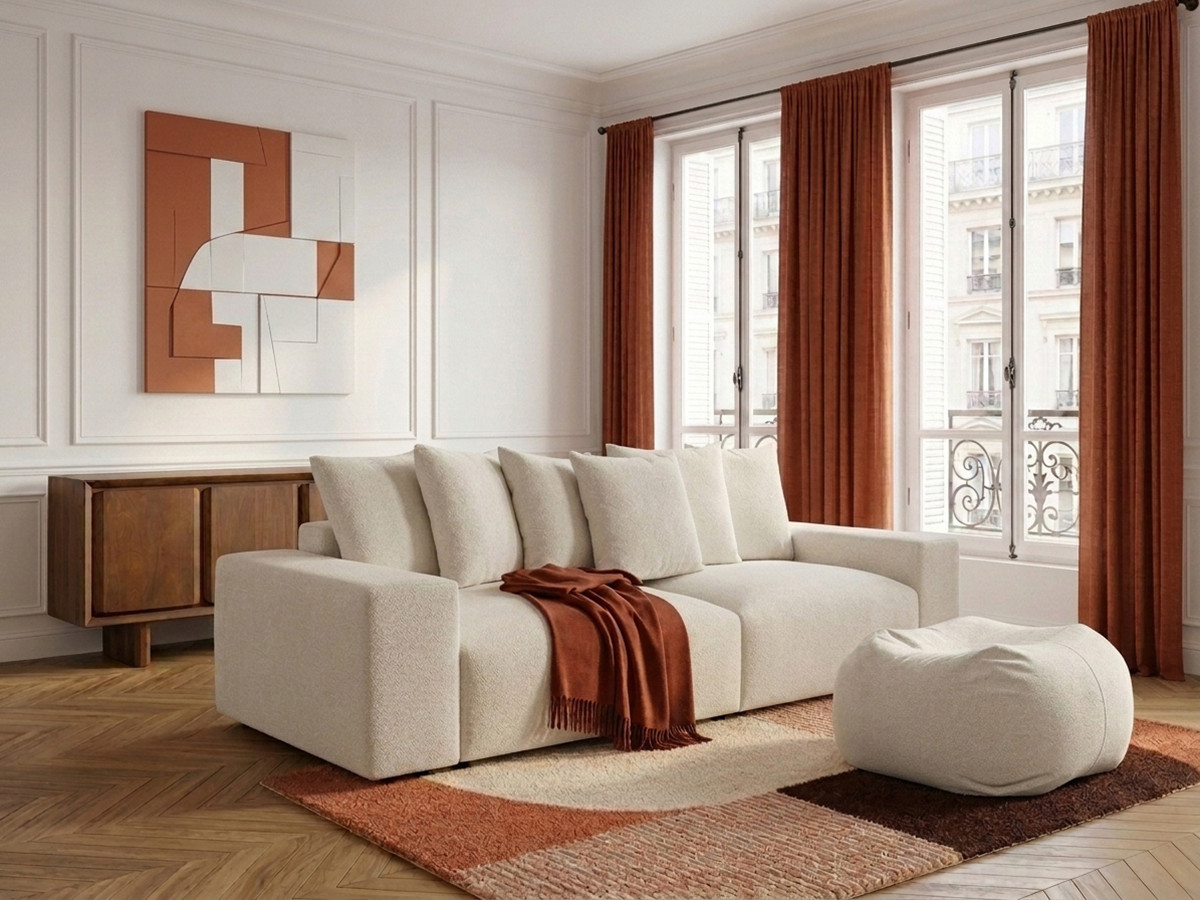 Canapé droit 4 places VOLTAIRE chiné avec pouf blanc