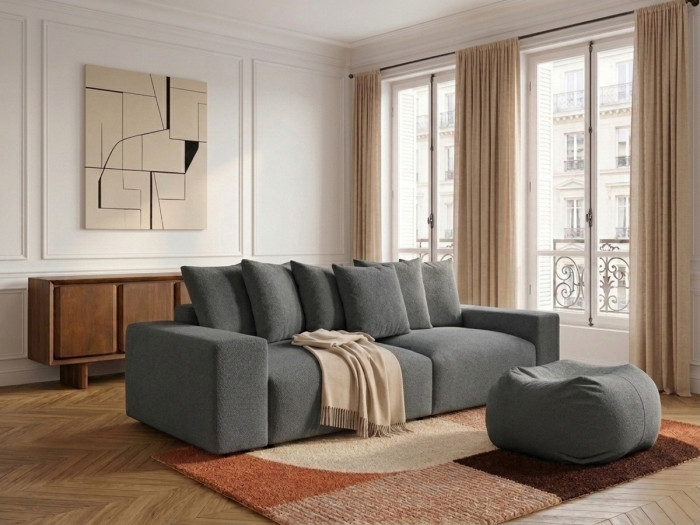 Canapé droit fixe 4 places VOLTAIRE tissu chiné avec pouf