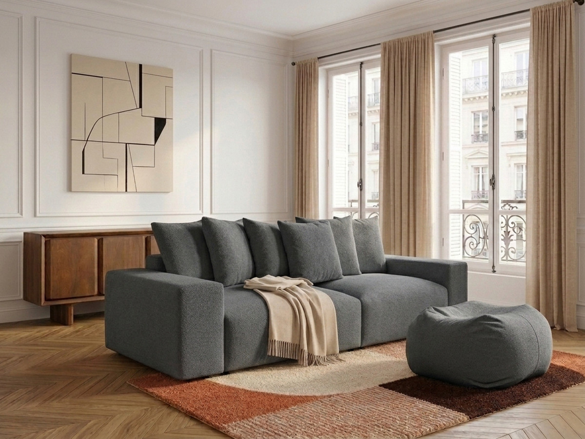Canapé droit 4 places VOLTAIRE chiné avec pouf gris foncé
