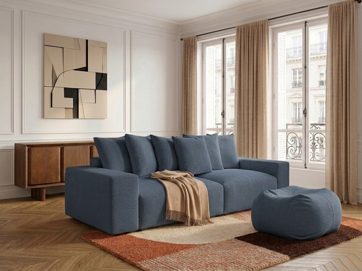Canapé droit 4 places VOLTAIRE chiné avec pouf bleu foncé