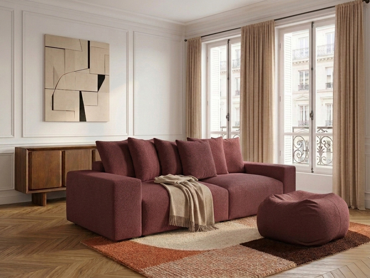 Canapé droit 4 places VOLTAIRE chiné avec pouf rouge